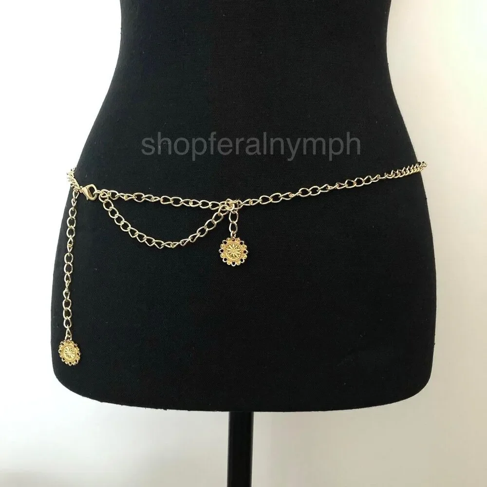 Y2K Rockstar Girlfriend Gold Layered Charm Chain Belt, Up to 37 Inches, X7GA1190